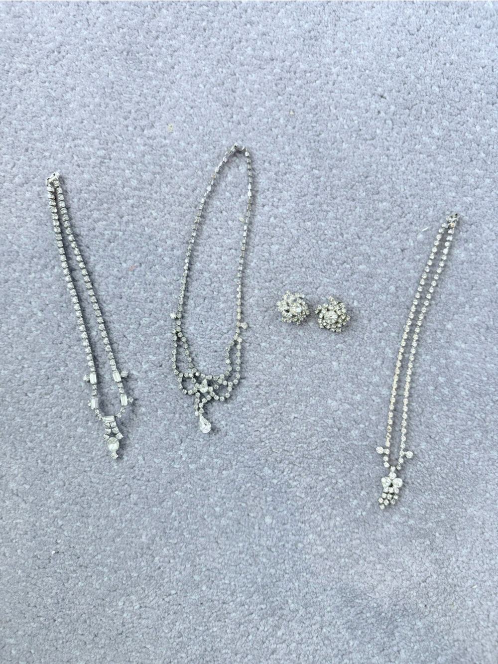 Vintage Rhinestone Drop Necklaces and Clip on Stud Earrings